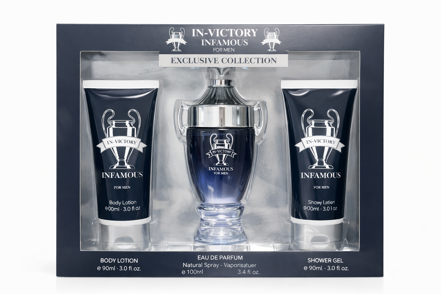 In Victory Infamous Men’s Perfume Gift Set, Cologne with Lotion and Shower Gel