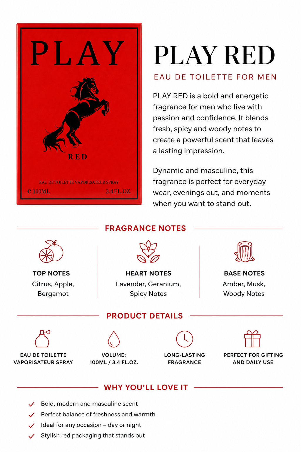 PLAY RED Men’s Fragrance – Bold & Long-Lasting Eau de Toilette, 100ml